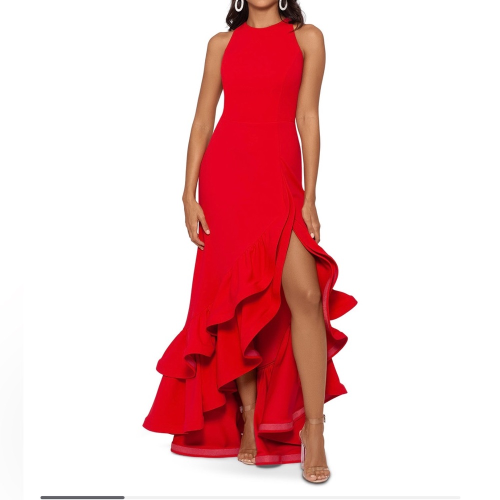 Betsy & Adam Vibrant Red Ruffle Evening Dress